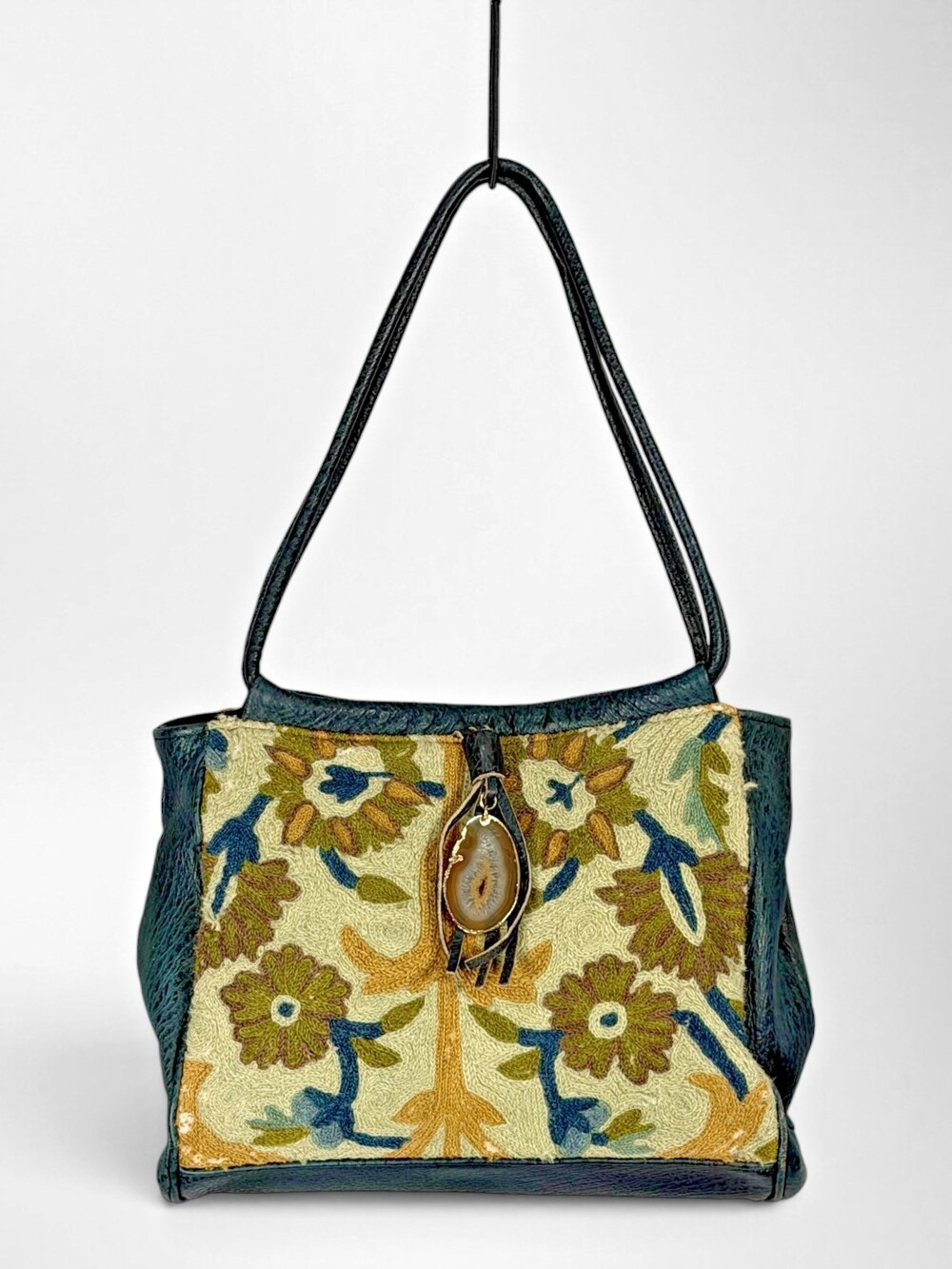 Vintage Marco Avane Crewel Embroidered Leather Hobo Bag Agate Boho Floral